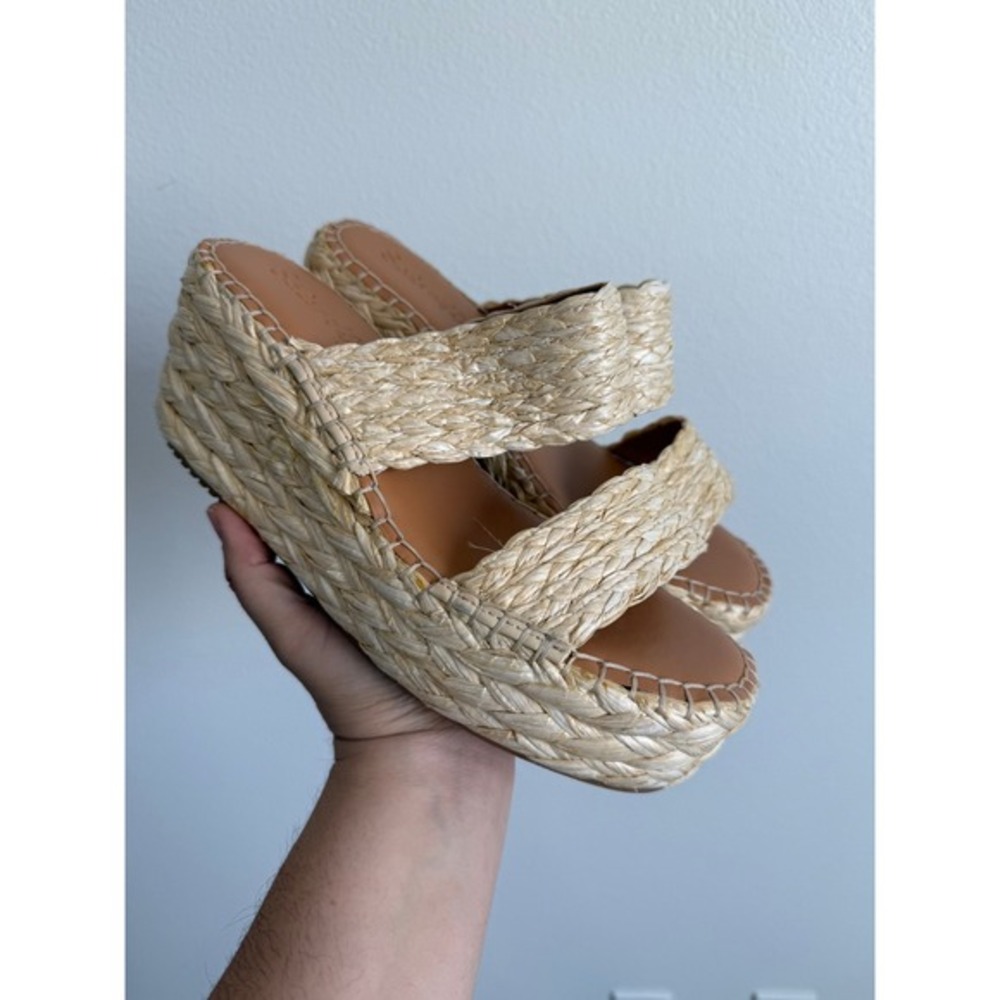 Splendid Raffia Wedge Sandal 8.5 Tan Boho Platform Slides Espadrille Cottagecore